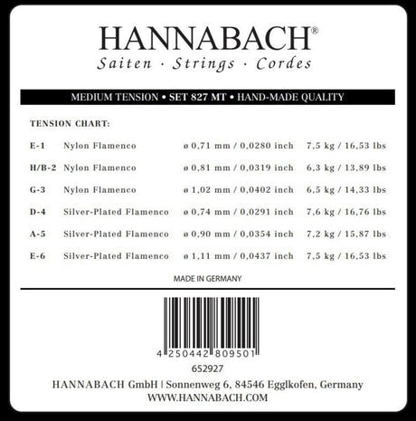 Hannabach 827 juego de cuerdas agudas E1, H/B2 y G3, medium tension