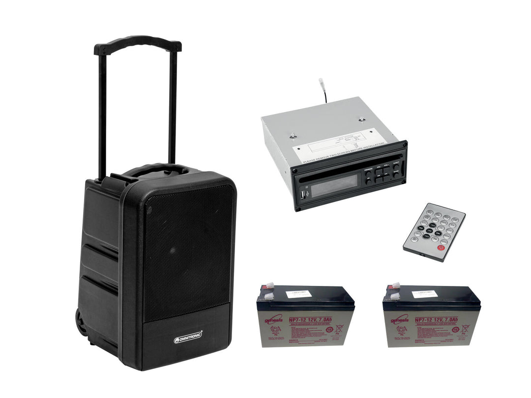 OMNITRONIC Set MOM-10BT4 Sistema PA modular inalámbrico + reproductor de CD con USB y SD + 2x batería