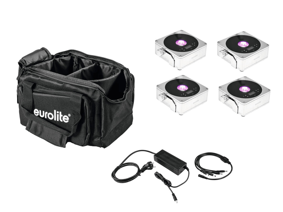 EUROLITE Set 4x AKKU IP Flat Light 1 chrome + Soft Bag + Cargador
