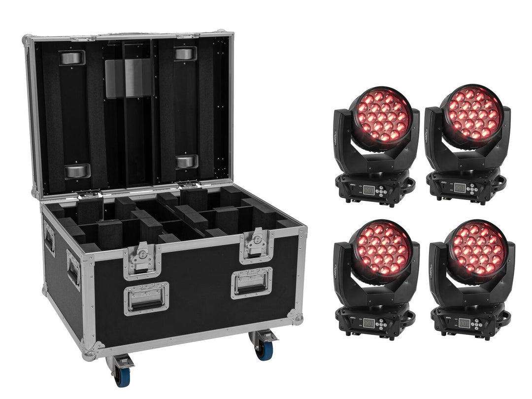 EUROLITE Set 4x LED TMH-X4 Cabezas Móviles Wash Zoom + funda EU con ruedas