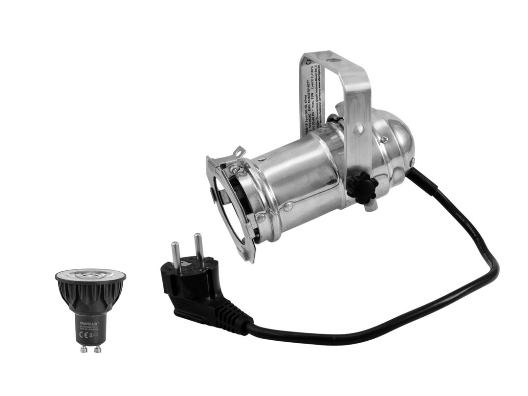 EUROLITE Set PAR-16 Spot plateado + GU-10 230V COB 5W LED 1800-3000K dim2warm
