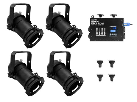 EUROLITE Conjunto 4x PAR-16 Spot bk dim2warm + EDX-4 DMX RDM LED Atenuador Pack
