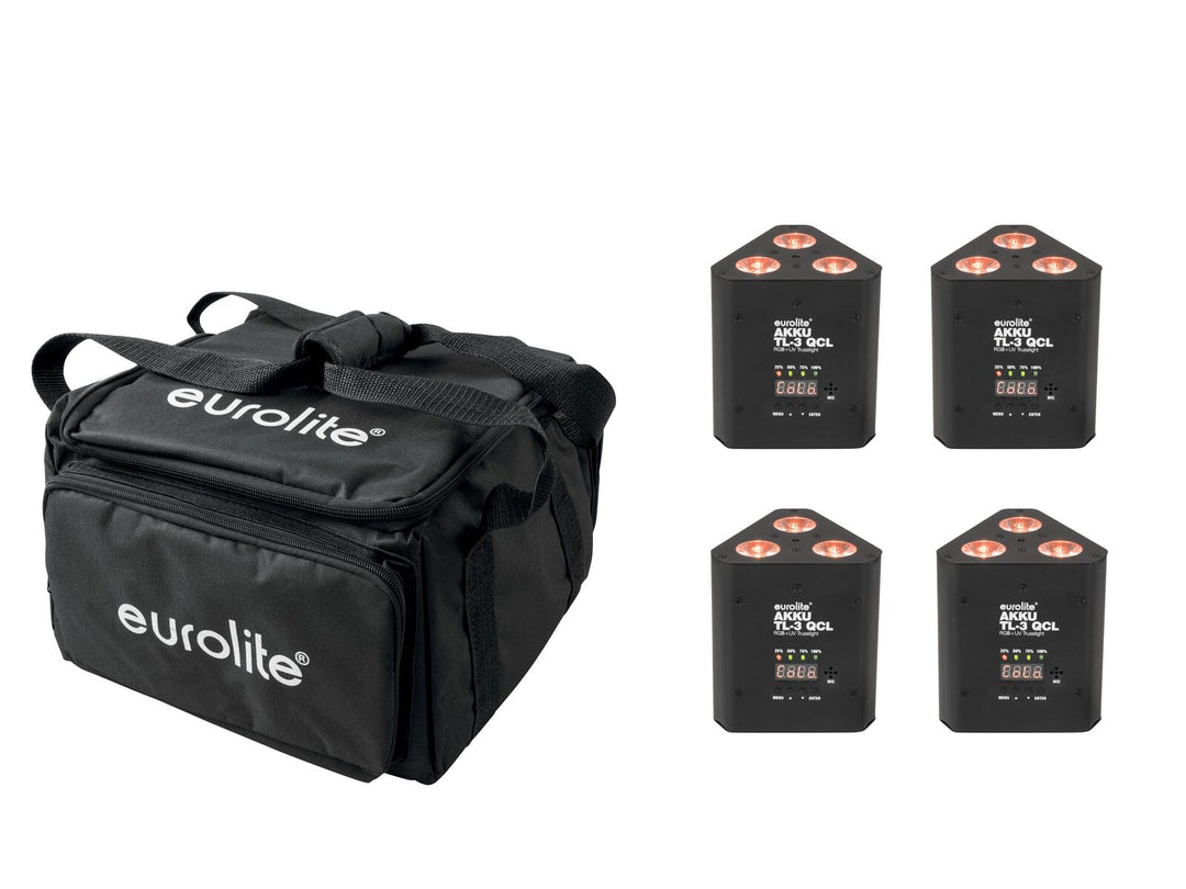 EUROLITE Set 4x AKKU TL-3 QCL RGB+UV Trusslight + SB-4 Bolsa blanda