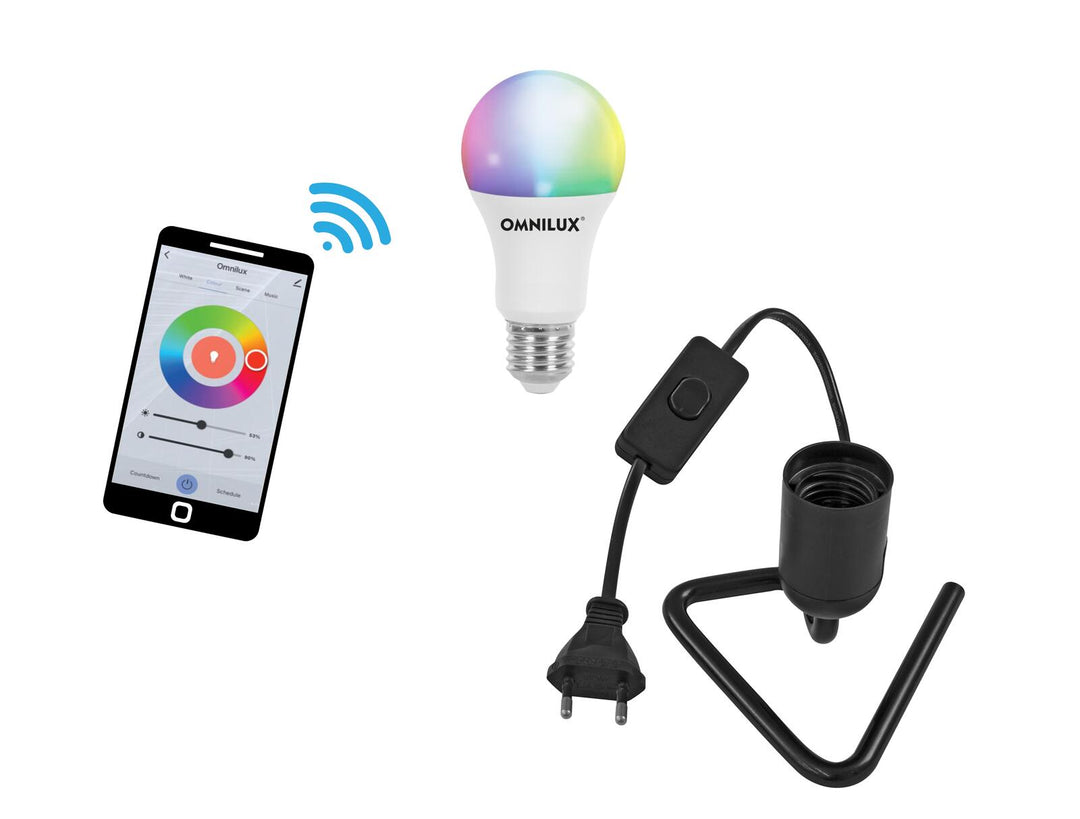 EUROLITE Set LED E27 RGB/WW/CW WiFi + base triangular negra