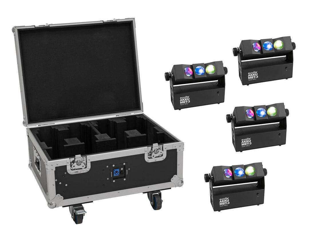 EUROLITE Set 4x AKKU MBT-3 Spot MK2 + Flightcase con ruedas y función de carga