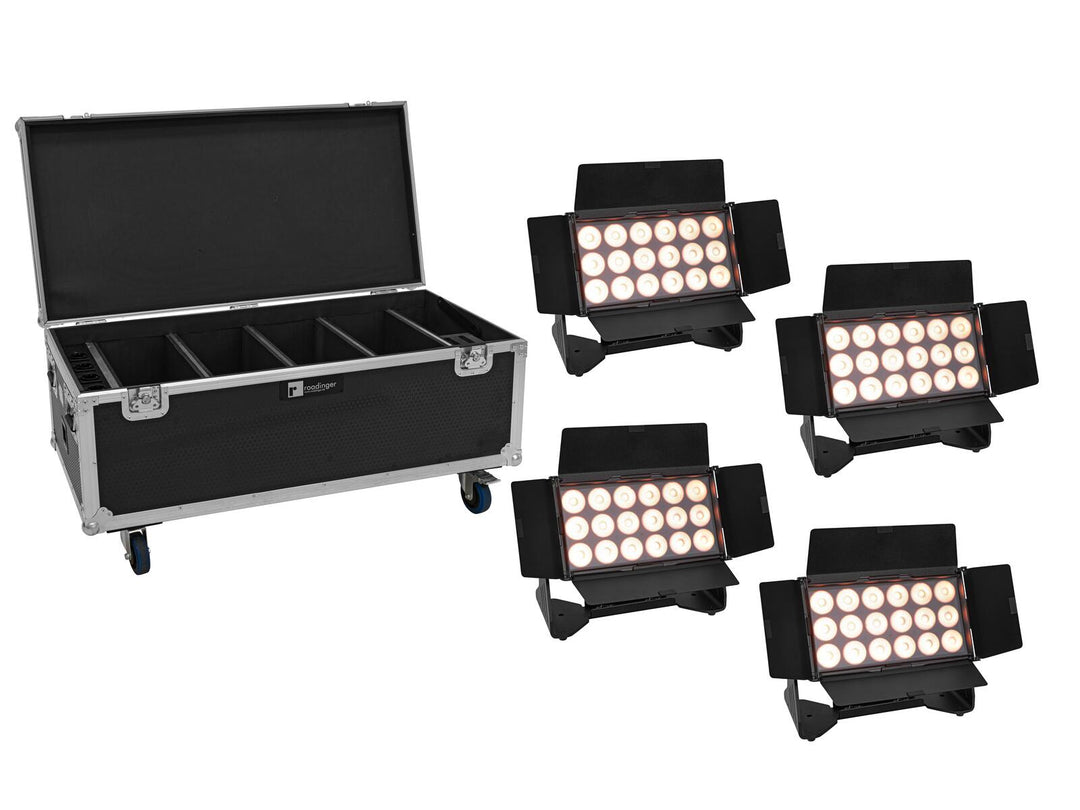 EUROLITE Set 4x AKKU Multiflood IP 18x10W RGBW Wash CRMX + case con ruedas