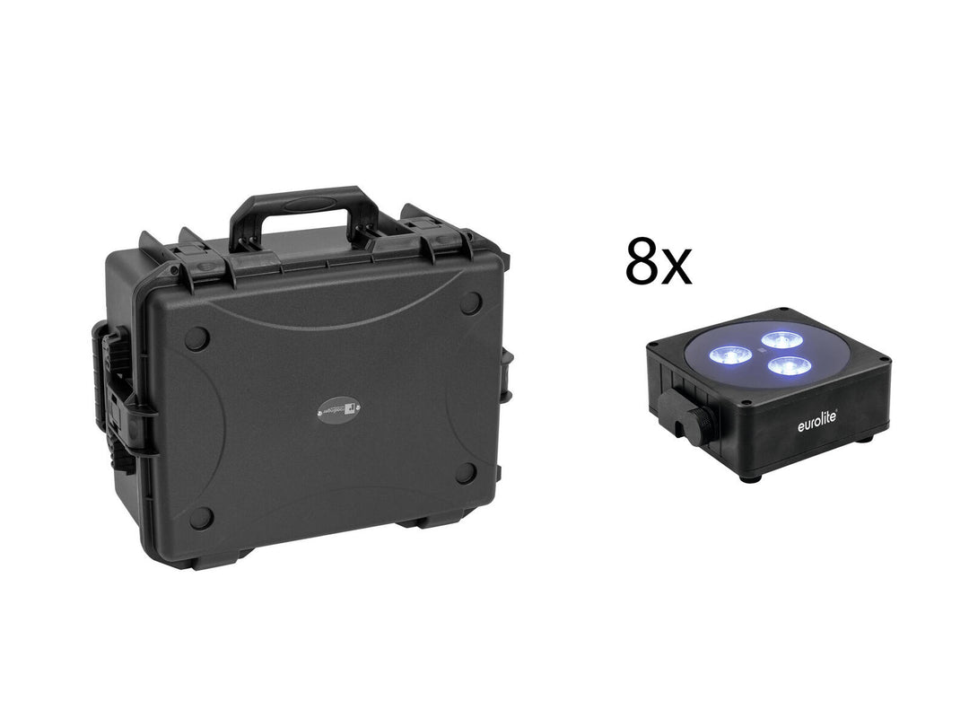 EUROLITE Set 8x AKKU Flat Light 3 bk + estuche de plástico con carrito