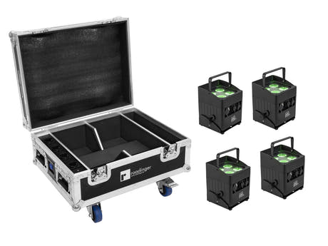 EUROLITE Set 4x AKKU IP UP-4 QCL Spot QuickDMX MK2 + Flightcase con ruedas y función de carga