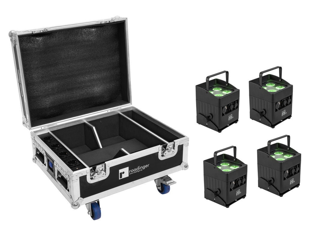 EUROLITE Set 4x AKKU IP UP-4 QCL Spot QuickDMX MK2 + Flightcase con ruedas y función de carga