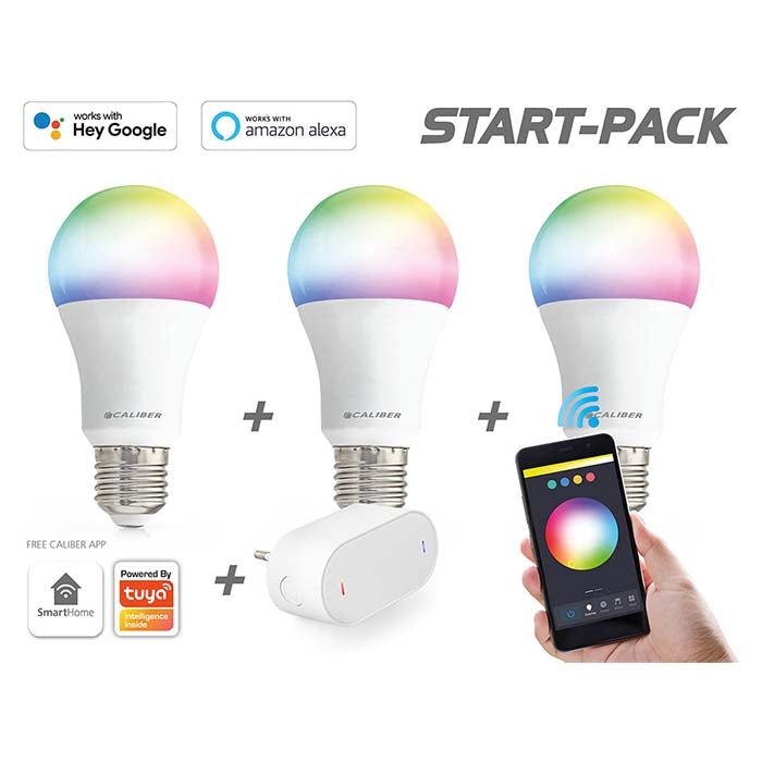 Starterpack para hogar inteligente Caliber E27, bombillas LED blancas/multicolor