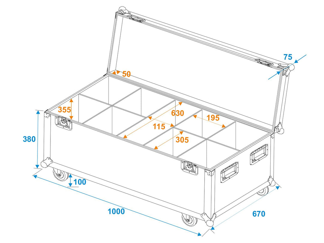 ROADINGER Flightcase para 8x LED IP PAR 12x8W QCL/12x9 SQL Spot con ruedas