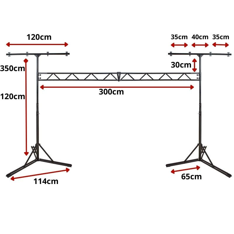 Puente de iluminación Hardman SDLS8 sobre soportes, 3,5 m de alto y 3 m de ancho, dos bolsas