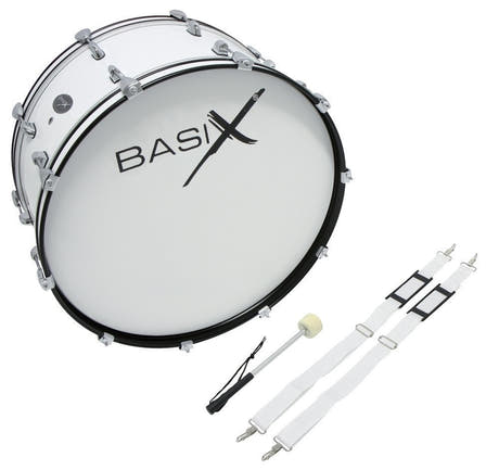Basix bombo de marcha 26" x 12", blanco, con correa de transporte y maza