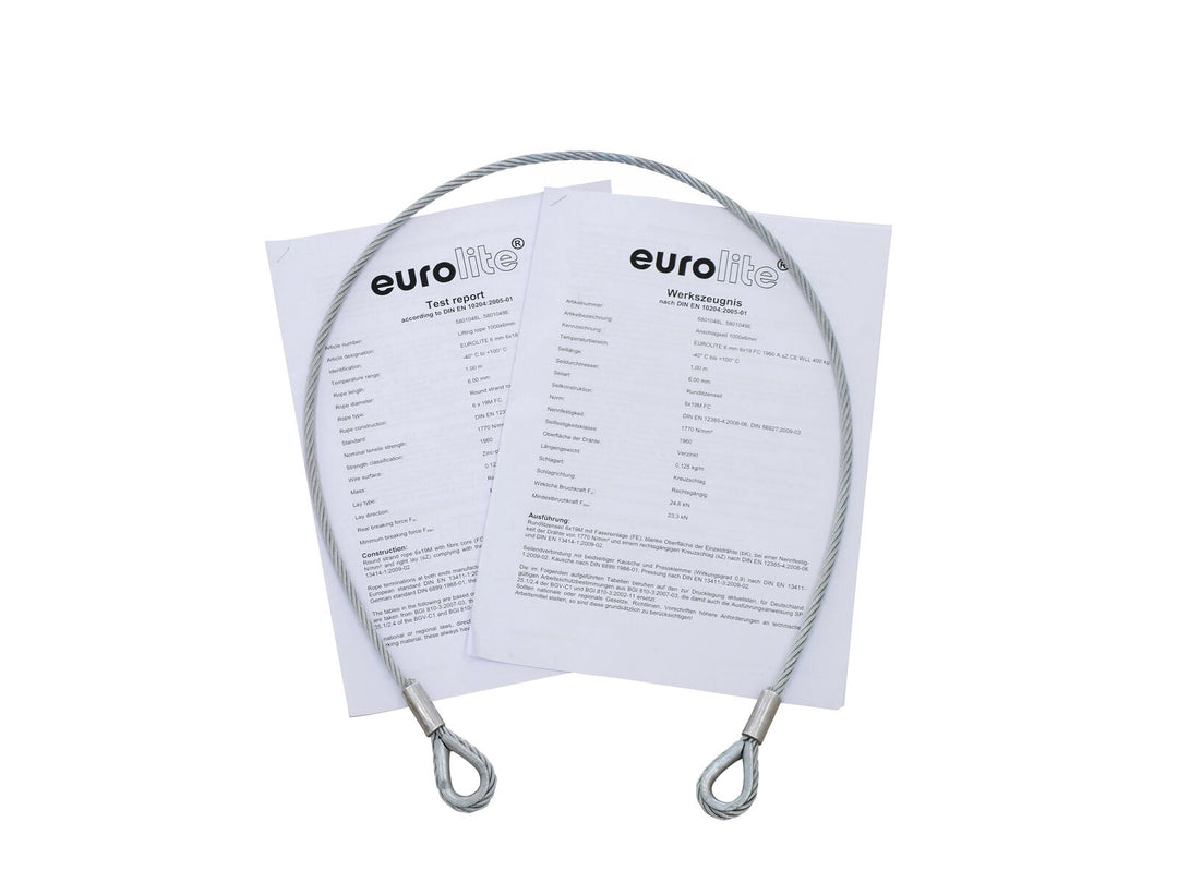 Cable de acero EUROLITE 1000x6mm plateado con guardacabo