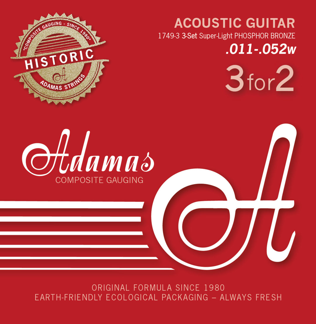 Cuerdas Adamas para Guitarras acústica Adamas Phosphor Bronze Historic Reissue - Juego de 3 Super-Light .011 (1749-3)
