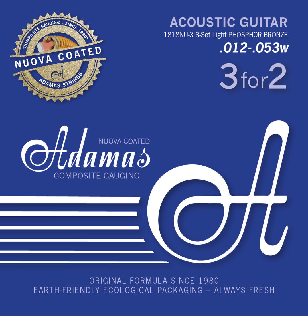Cuerdas Adamas para guitarra acústica conjunto recubierto de bronce fosforado (3) - Conjunto de 3 Light .012 (1818NU-3)