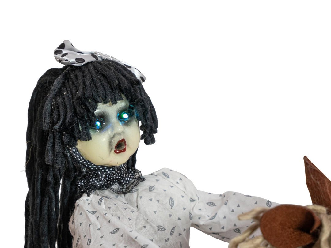 Figura de Halloween, niña en caballo balancín, animada, 72 cm