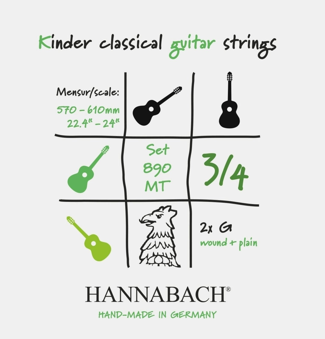 Cuerdas Hannabach para guitarra clásica Serie 890 3/4 guitarra para niños Duel: 57-61cm - Juego de 2 cuerdas G (890MT 3/4)