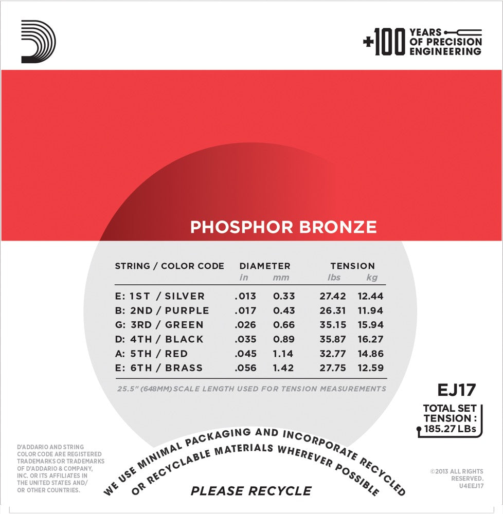 Daddario EJ17 Phosphor Bronze Cuerdas de Guitarra (Medium, 13-56)