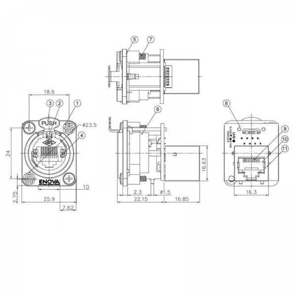 Enova RJ45 chassis gennemføring CAT5E Blank