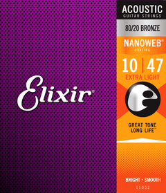 Elixir Nanoweb Bronze 80/20 Cuerdas de Guitarra (Extra Light, 10-47)