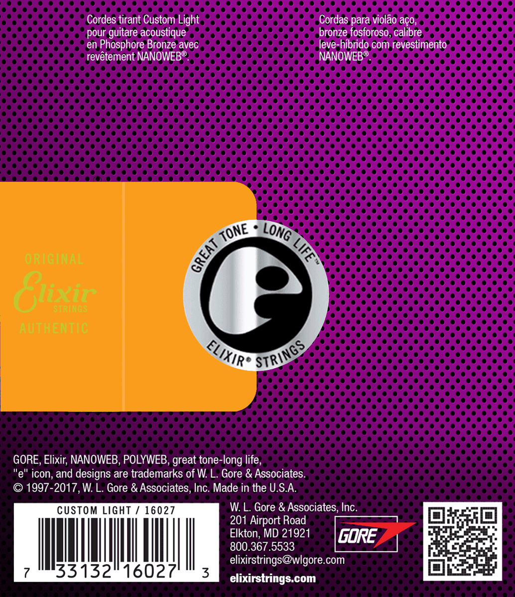Elixir Nanoweb Phosphor Bronze Guitar Strings (Custom Light 11-52)