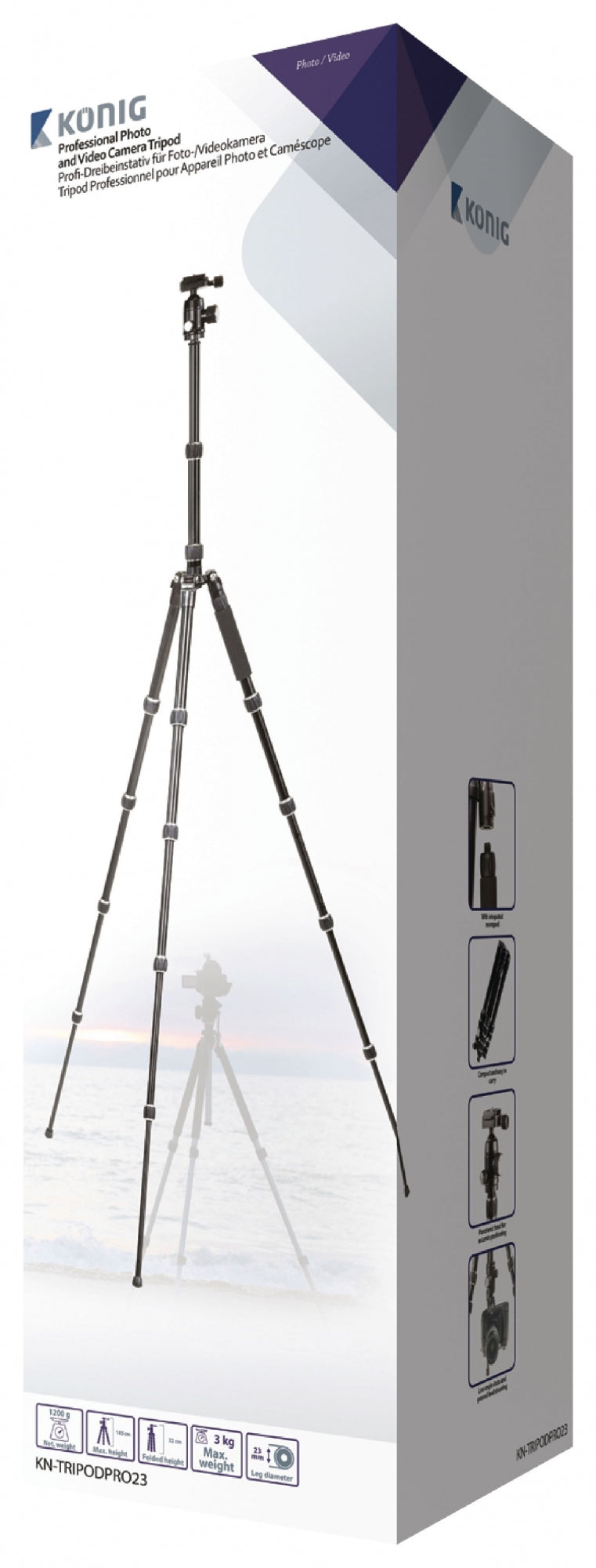 Trípode profesional para cámara/video con cabezal de bola, 145 cm