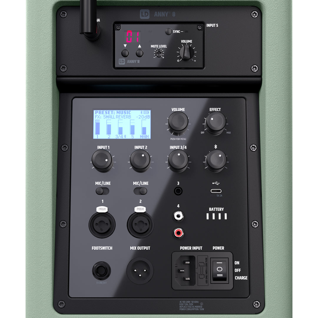LD Systems ANNY® 8 BPH B8 GN - Altavoz PA Bluetooth® portátil a batería con mixer y 1x micrófono de diadema (incl. bodypack), Verde aventura