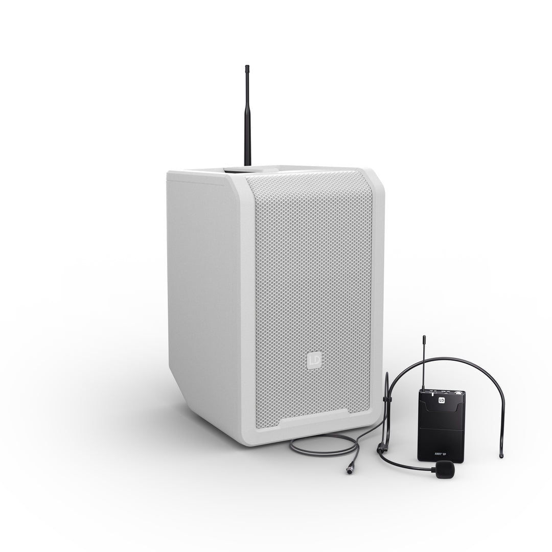 LD Systems ANNY® 8 BPH B8 W - Altavoz PA Bluetooth® portátil a batería con mixer y 1x micrófono de diadema (incl. bodypack), Puro White