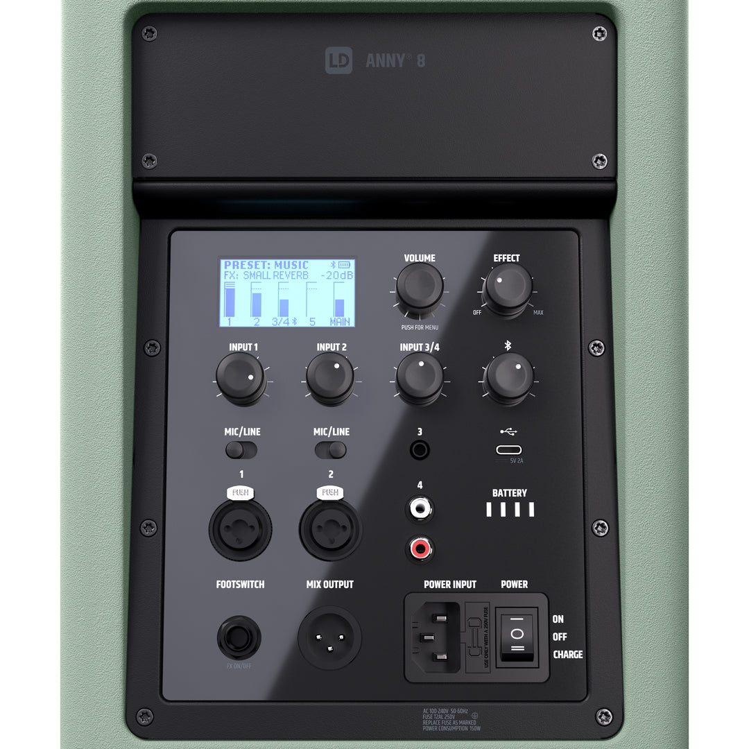 LD Systems ANNY® 8 GN - Altavoz PA Bluetooth® portátil con batería con mixer, Verde Adventure