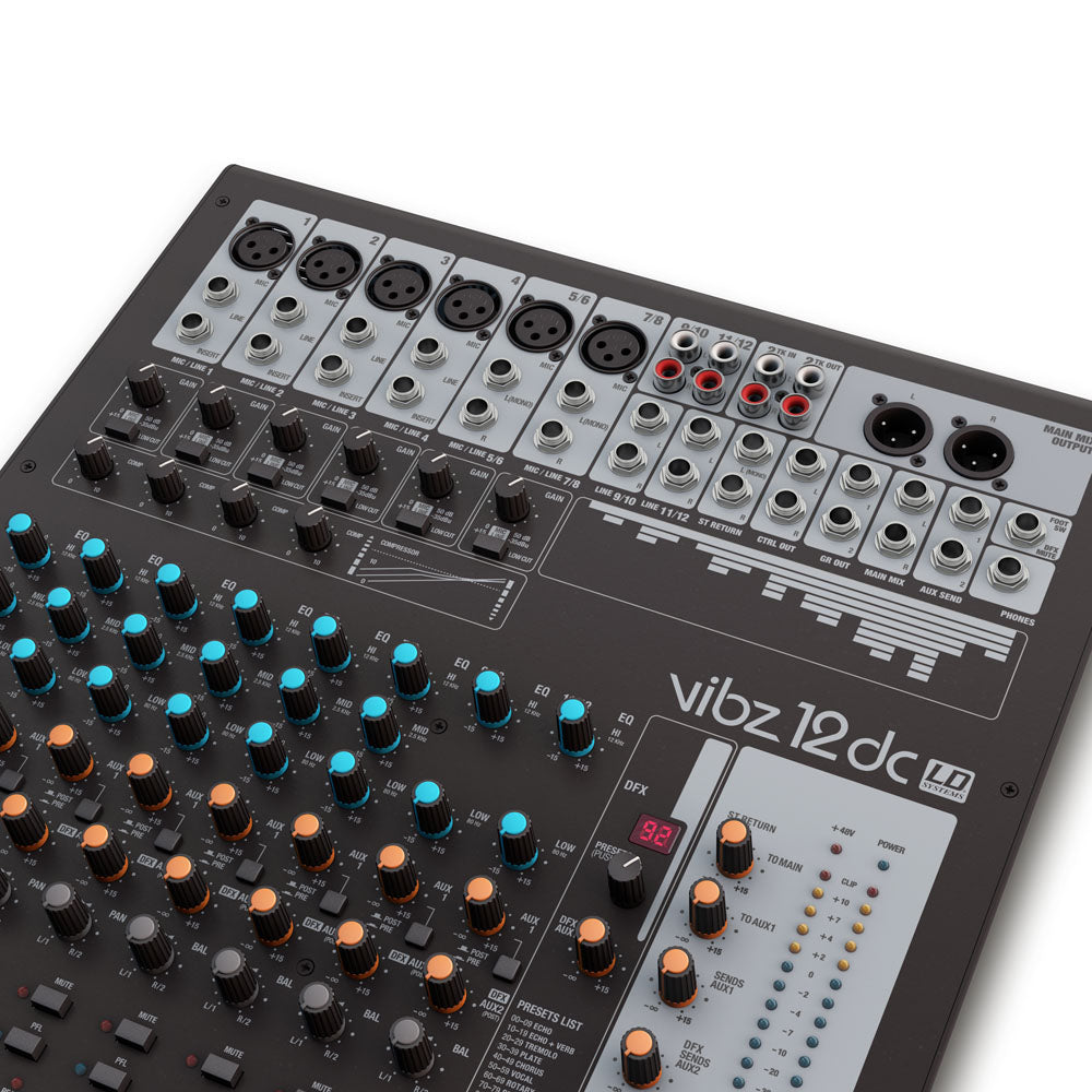 LD Systems VIBZ 12 DC - Consola de mezcla de 12 canales con DFX y compresor