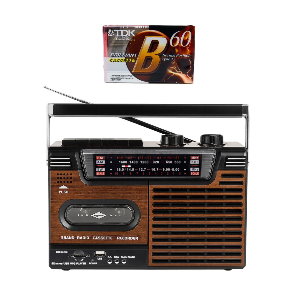 Studio 57 Reproductor de Cintas con FM y Bluetooth, Marrón + Cinta de Casete