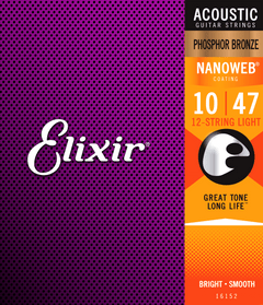 Elixir Nanoweb Phosphor Bronze Cuerdas de Guitarra (12-String, 10-47)