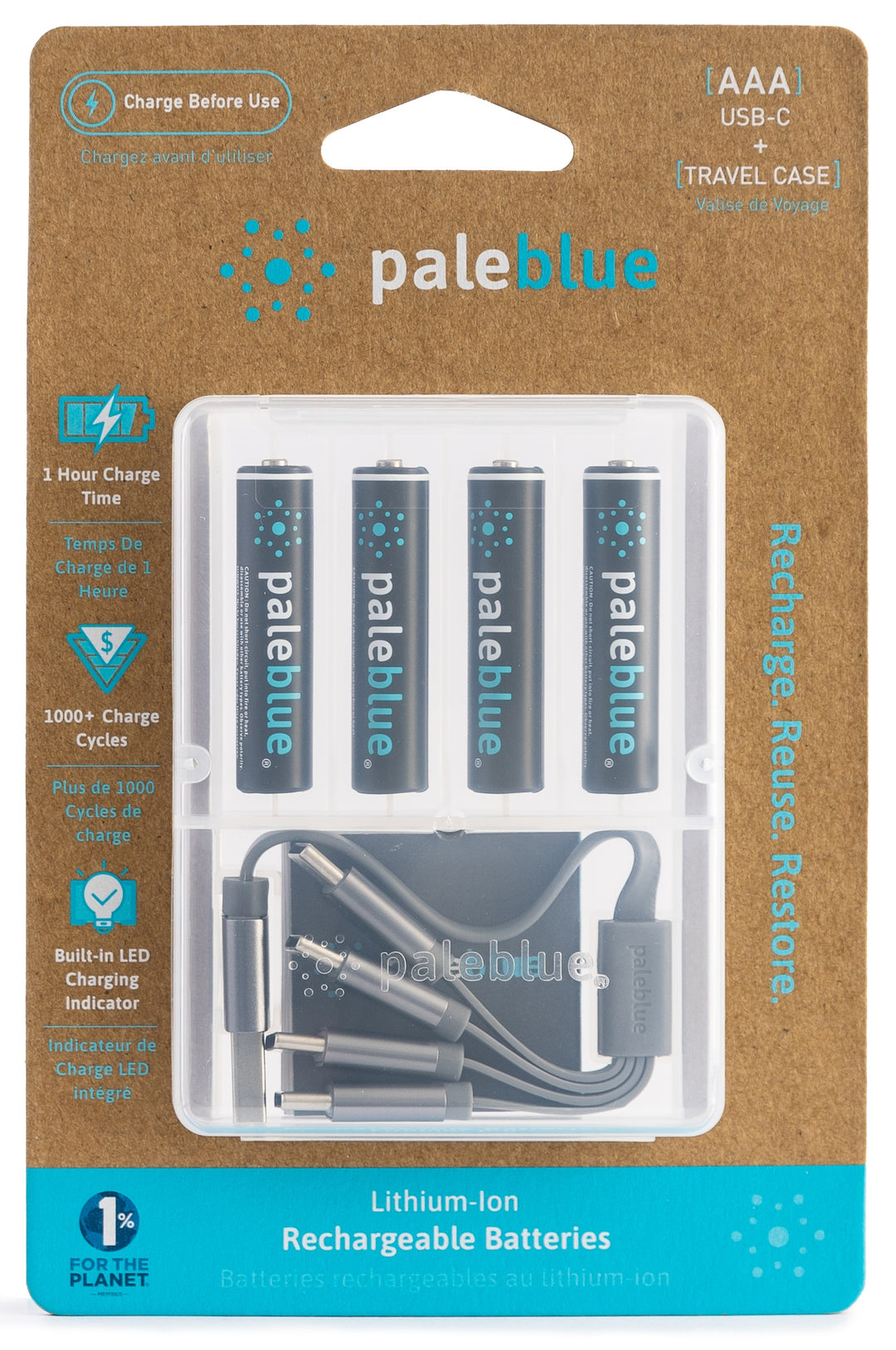 Pale Blue Li-Ion Rechargeabl AAA Battery 4-pack AAA w/ 4x1 charging cable USB-C