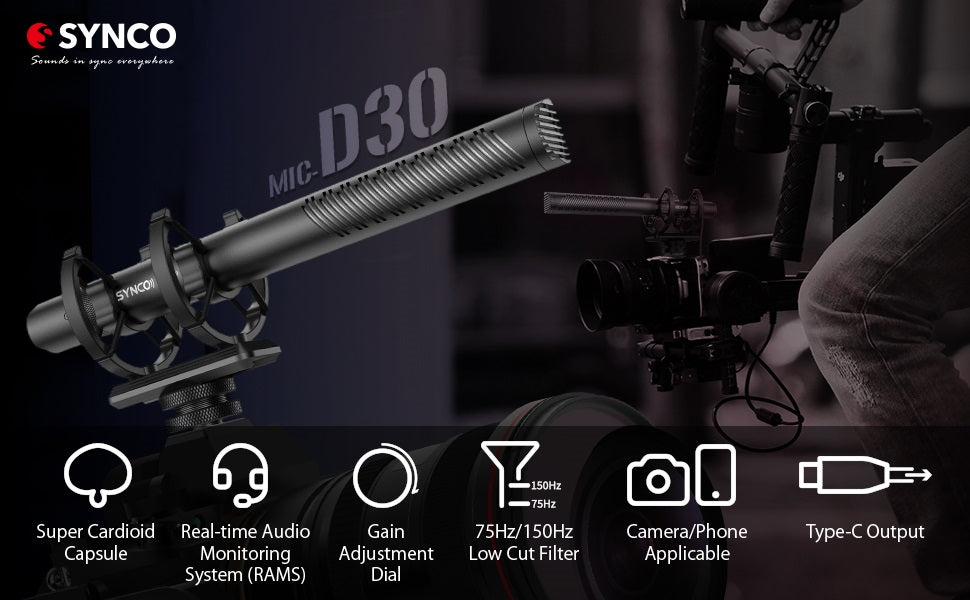 Synco D30 micrófono de cañón para vídeo y cámara