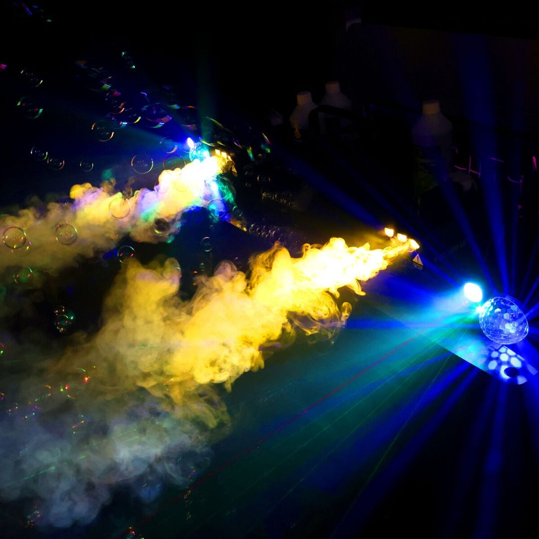 Light4Me GIG SET 2 Paquete de fiesta – Máquina de niebla, máquina de burbujas y efecto de iluminación 4 en 1