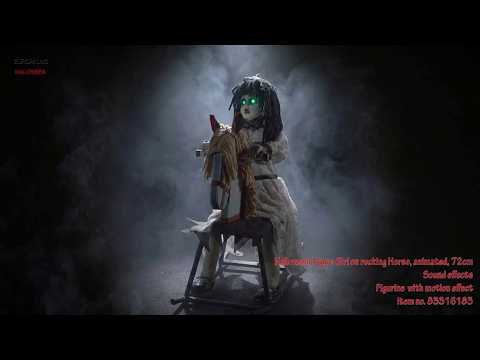 Figura de Halloween, niña en caballo balancín, animada, 72 cm