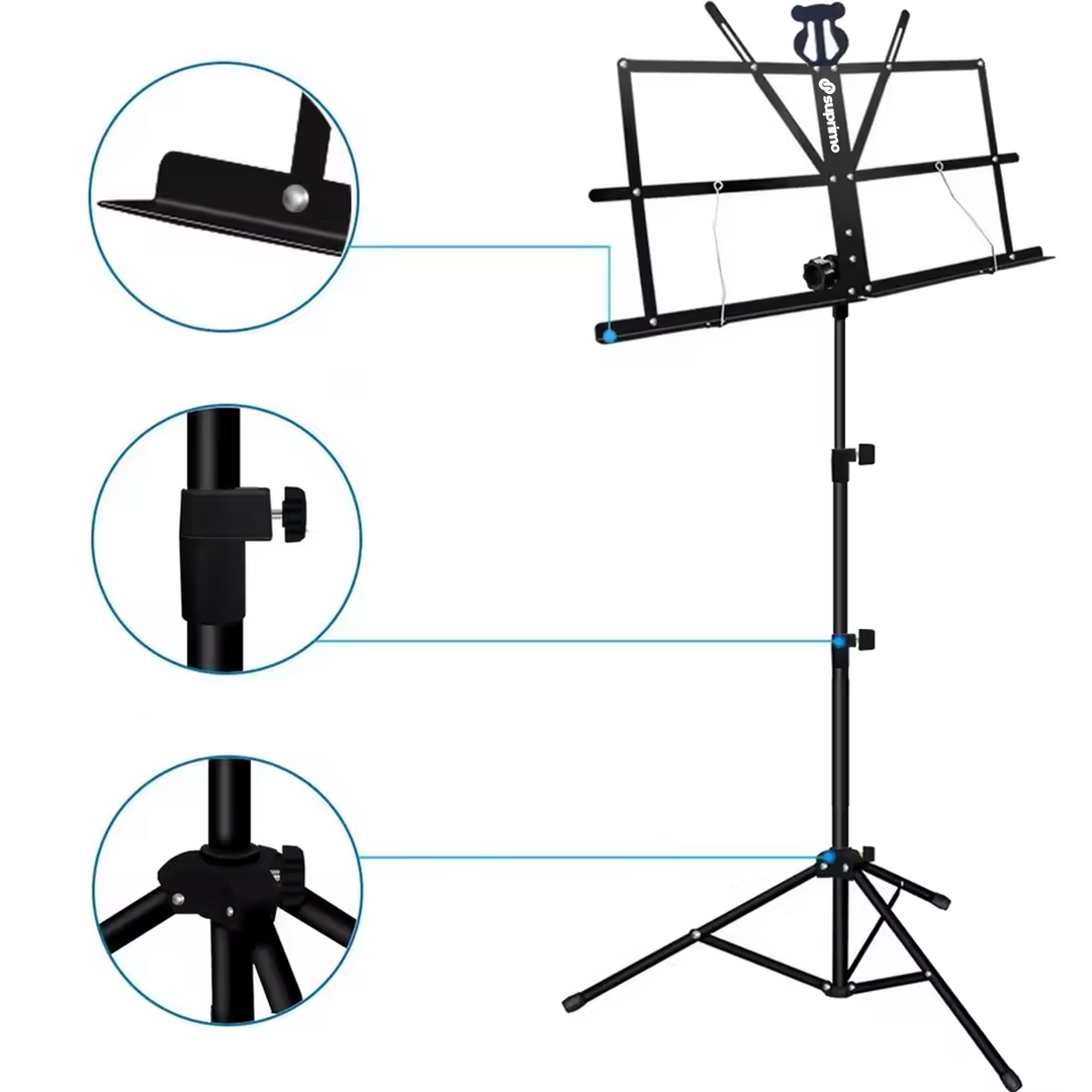 Atril para partituras con bolsa – plegable y ajustable en altura 65–130 cm