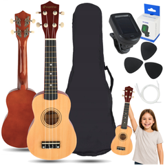 Set de ukelele con estuche, afinador y accesorios, madera natural
