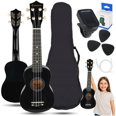 Set de ukelele con estuche, afinador y accesorios, negro