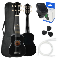 Set de ukelele con estuche, afinador y accesorios, negro