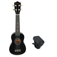 Set de ukelele con estuche, afinador y accesorios, negro