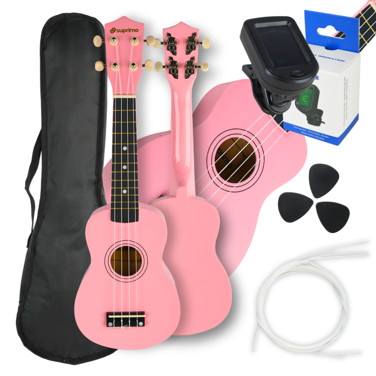 Ukulelesæt med Etui, Tuner og Tilbehør, Pink