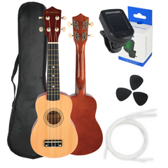 Set de ukelele con estuche, afinador y accesorios, madera natural
