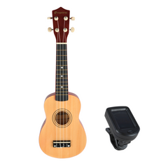 Set de ukelele con estuche, afinador y accesorios, madera natural